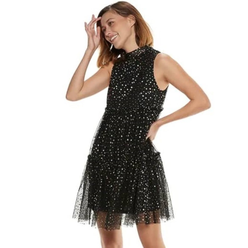 Popsugar Tulle Mini Dress With Metallic Gold Stars - Size M New w/o tags